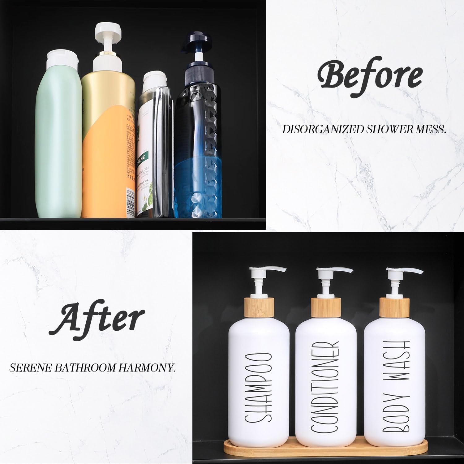 MOMEEMO White Shampoo and Conditioner Dispenser Set, Contains 3 Extra-Thick PET Plastic Bottles, Refillable Shampoo and Conditioner Bottles Perfect for Farmhouse Bathroom Decor. (White) - Image 8