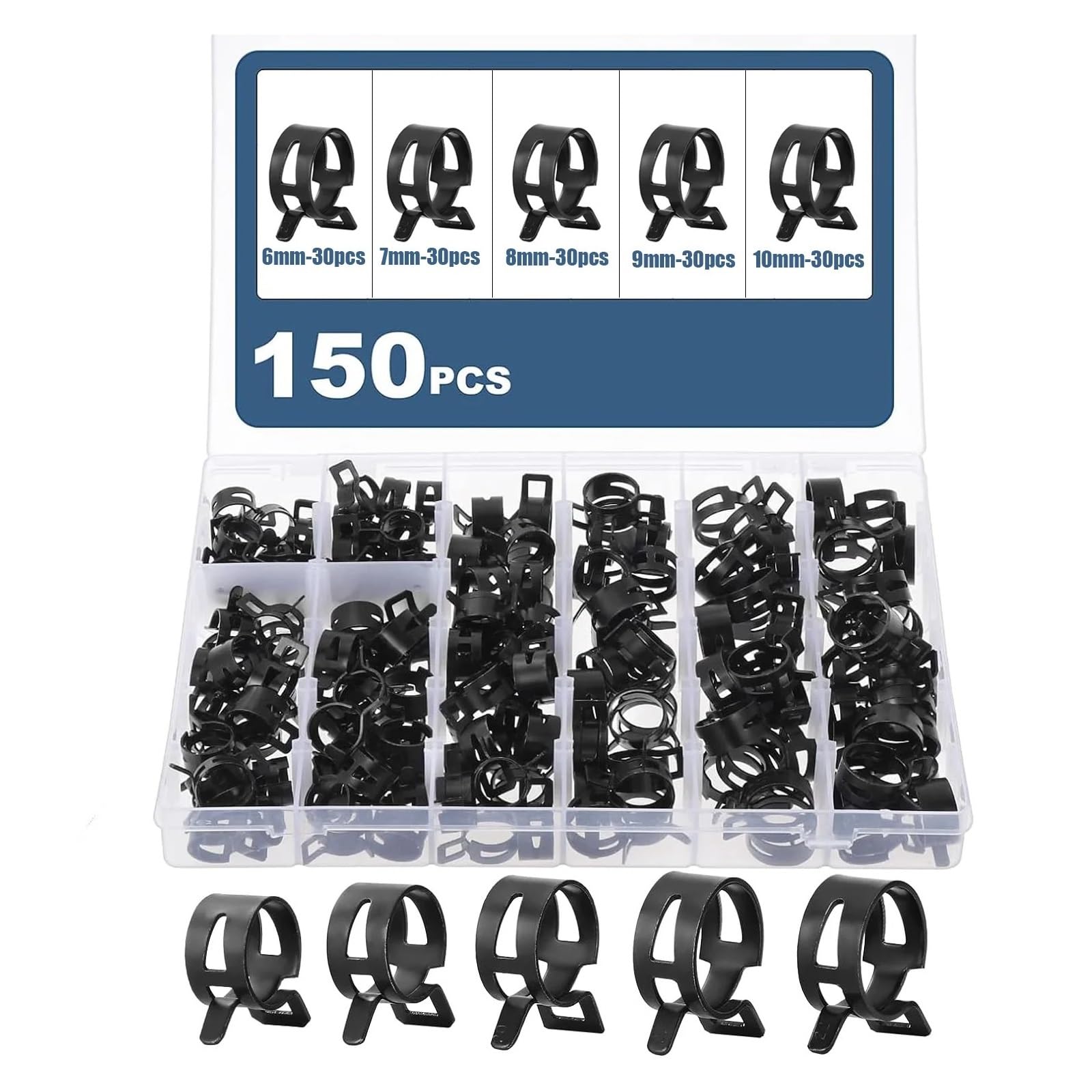 150 Uds 6-10mm Resorte Negro Combustible Aceite Manguera De Agua Clip Tubo for Abrazadera Banda Kit Surtido Sujetadores Metal