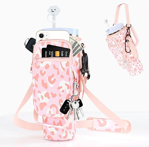 Soporte para botella de agua con bolsillo para teléfono Stanley de 40 onzas con asa, bolsa de neopreno para vaso con correa ajustable para