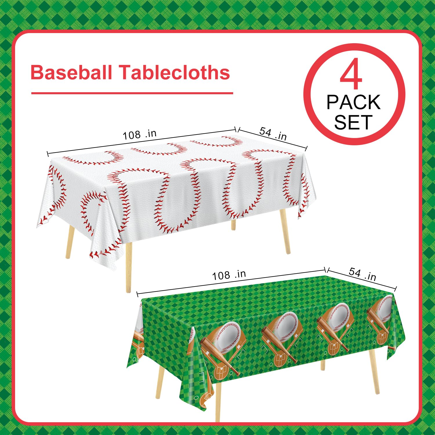 Oigco Baseball Party Decorations 4-Pack Baseball Tablecloth Disposable Plastic Table Cover for Games Birthday Party, 54 x 108 Inch