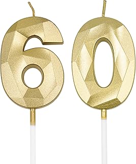 60th Birthday Candles for Cake, Gold Number 60 3D Diamond Shaped Candle Birthday Decorations Party Supplies for Women or Men