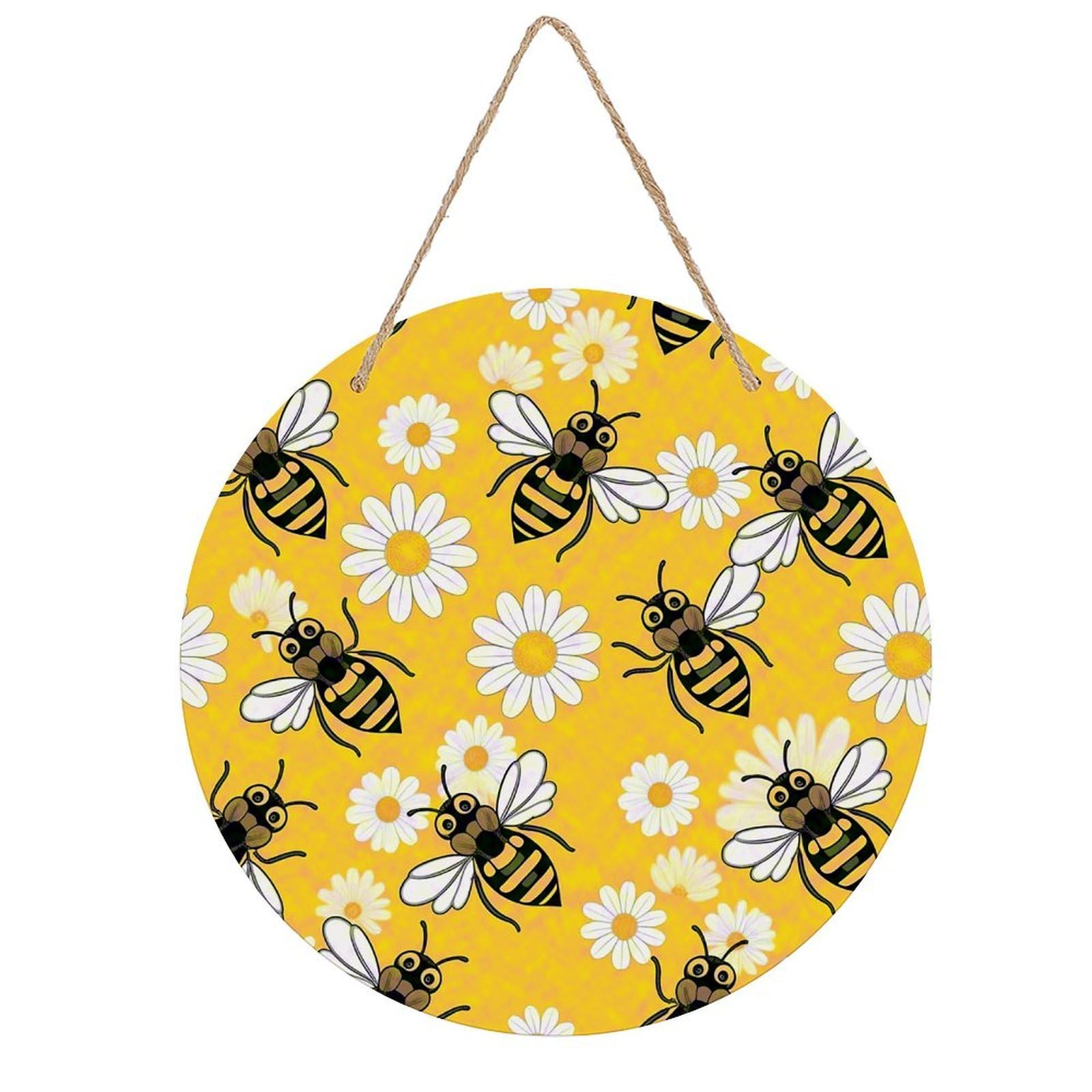VstaDank Bee Daisy Pattern Wall Decor Round Wood Hanging Sign 7.9x7.9 in Wooden Circle Door Hanger with Ropes, Rustic Wall Art Decor for Home Front Door Indoor Outdoor Decoration