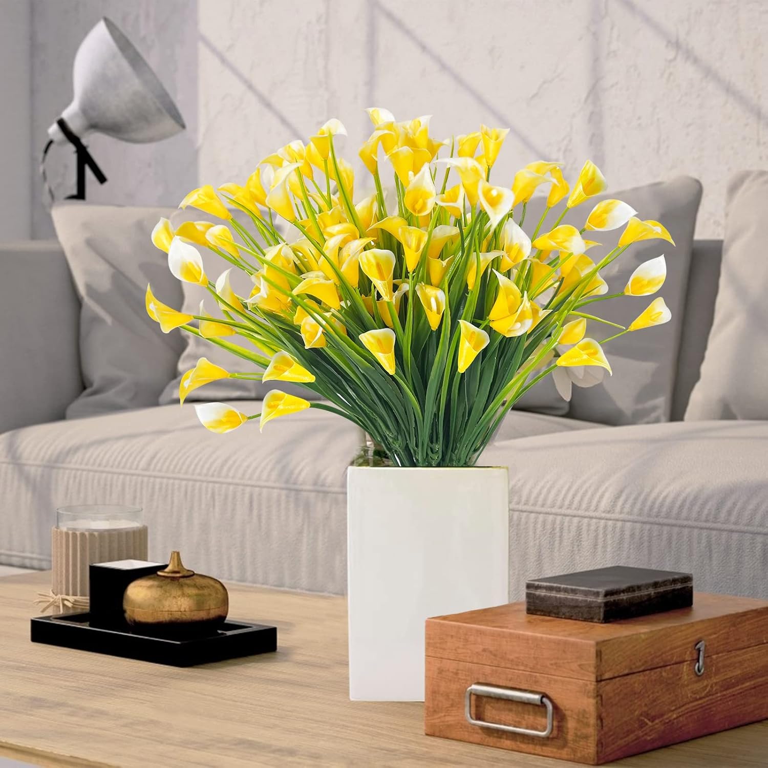 TURNMEON 12 Bundles Calla Lily (240 Heads) Artificial Flowers for Outdoors, Fake Plants UV Resistant Faux Plastic Fake Flowers for Indoor Planter Home Porch Yards Summer Cemetery Spring Decor(Yellow) - Image 4