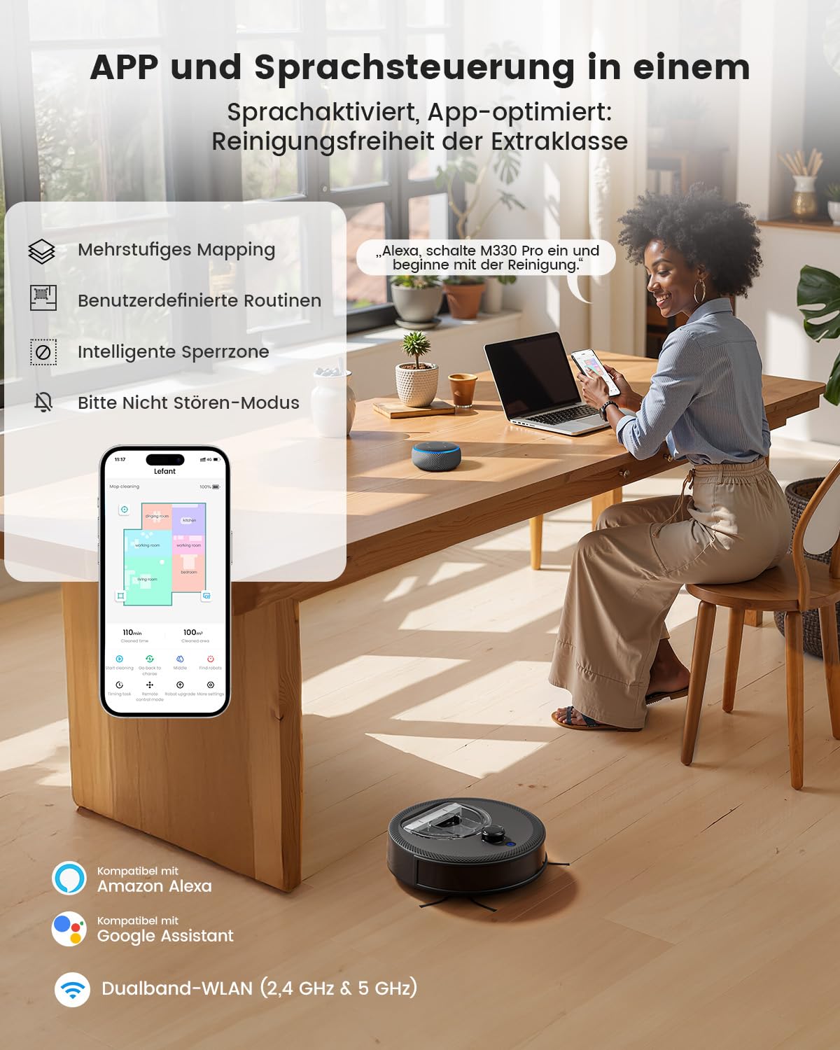 Lefant M330Pro Staubsauger Roboter, Saugwischer Roboter mit No-Go-Zone, 2.4G/5GHz Wi-Fi, 5000Pa Staubsauger, Mehrstufiges Mapping, Laser Navigation für Tierhaare, Teppiche und Hartböden