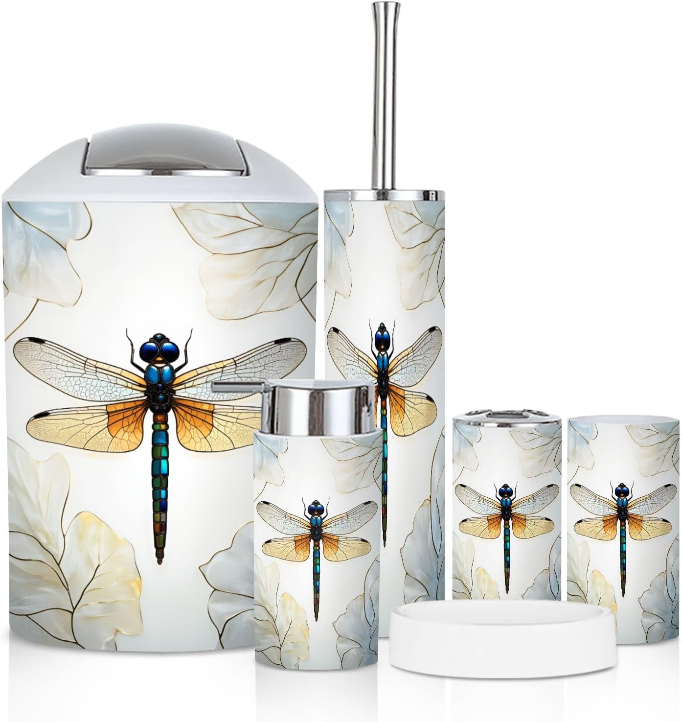 Bathroom Accessory Set 6 Piece Stained Glass Dragonfly Colorful Wings Delicate Leaf Trash can, Toothbrush Holder, Soap Dispenser, Soap Dish, Toothbrush Cup, Toilet Brush Holder