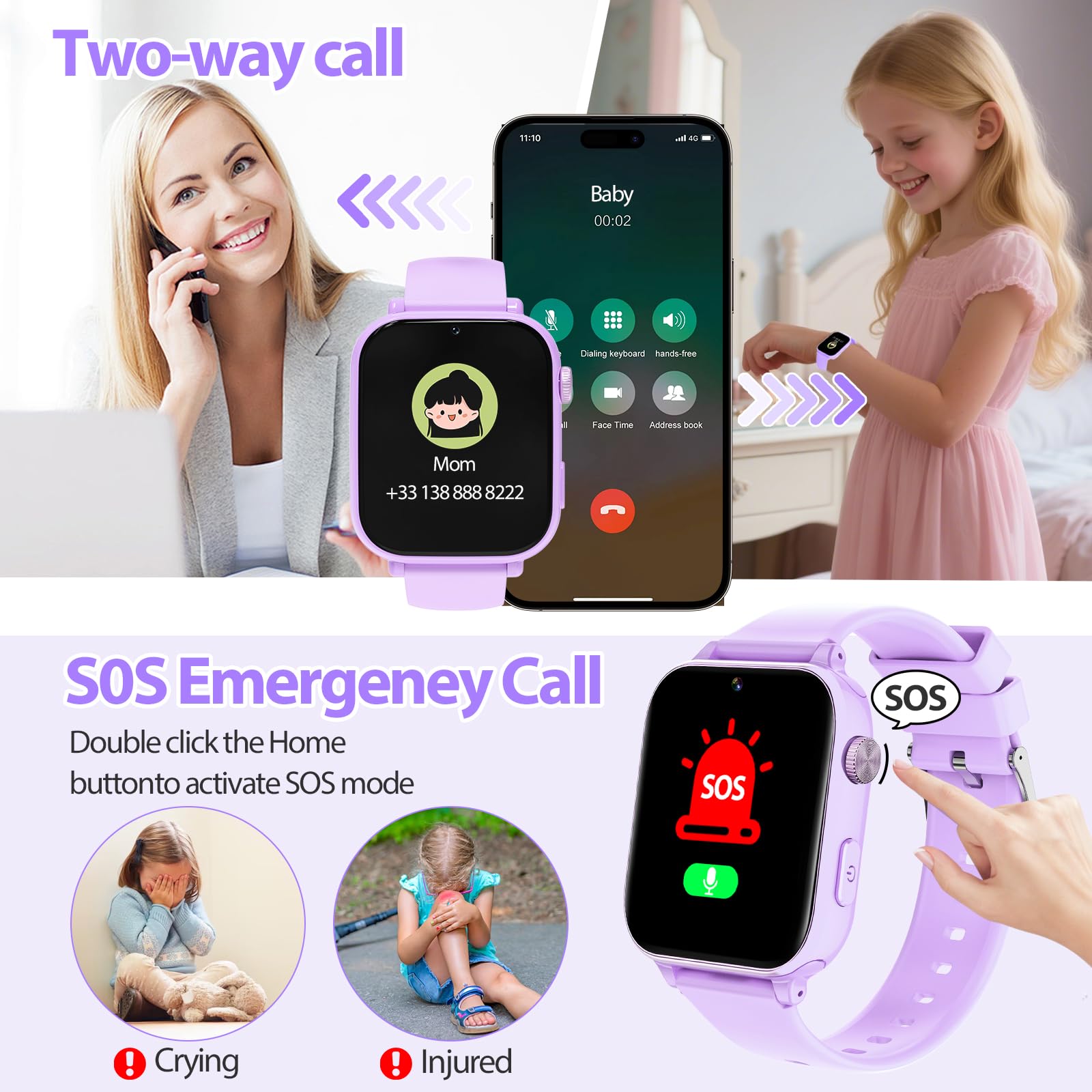 PTHTECHUS 4G Reloj Inteligente Niño, Smartwatch Niños Niña con GPS, Videollamadas, Chat de Voz, SOS, Modo Clase, WiFi, Juegos, Cámara, Reloj Niños Regalo para Niñas niños 4-12 años Regalo (Morado)