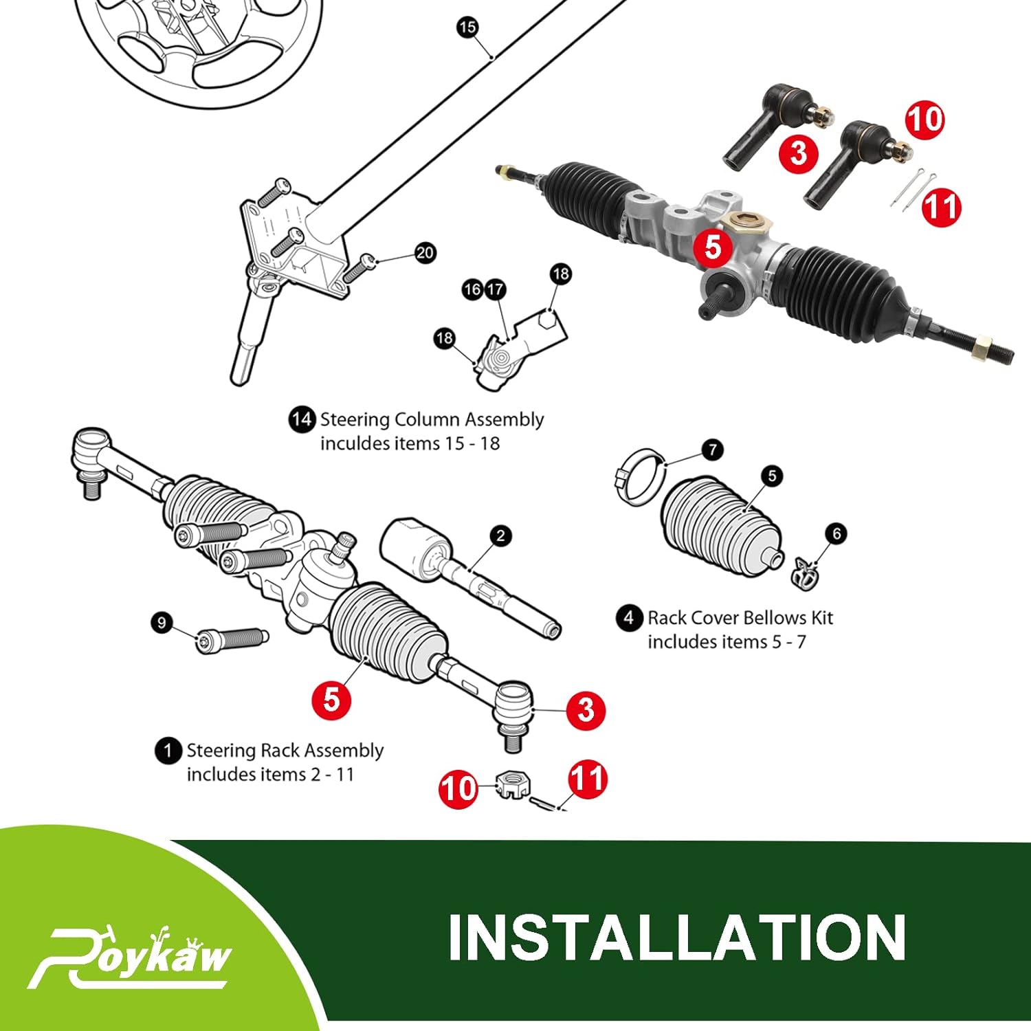 Roykaw Golf Cart Steering Gear Box Assembly/Steering Rack for EZGO RXV 2008-Up Gas and Electric Golf Cart Models, Replaces OEM # 601500, 618329, 601580, 603865, 604614