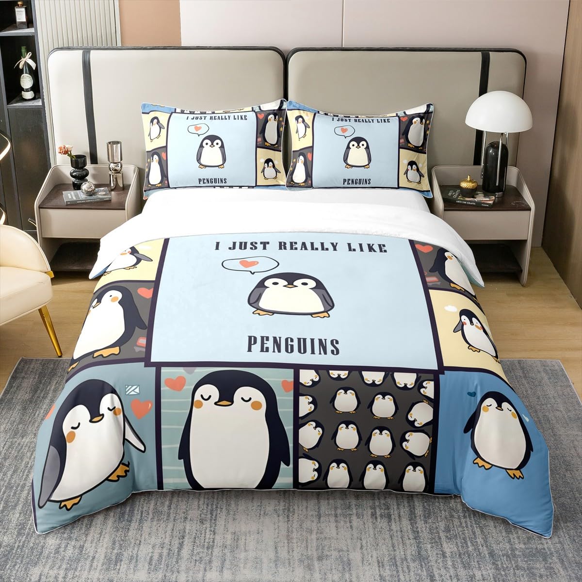 Homewish Penguin King Zestawy Poszwa Na Kołdrę Miłośnicy Pingwina Pościel Urocza Kreskówka Patch Pingwiny Poszewka Na Kołdrę Kawaii Urodziny Boże Narodzenie Zestaw Łóżek