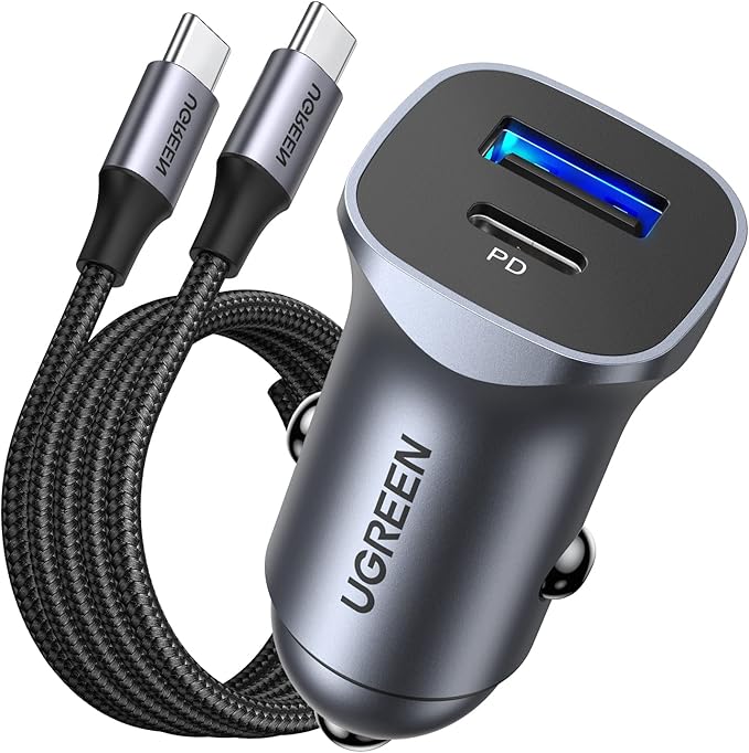 شاحن سيارة سريع بتقنية توصيل الطاقة 30 واط بمنفذين USB C لجوال ايفون 16 برو ماكس من يوجرين، شاحن سيارة سريع الشحن مع كيبل USB C مضفر بطول 1 متر لايفون 16 وجالكسي S23 وهواوي وايباد برو وشاومي وغيرها