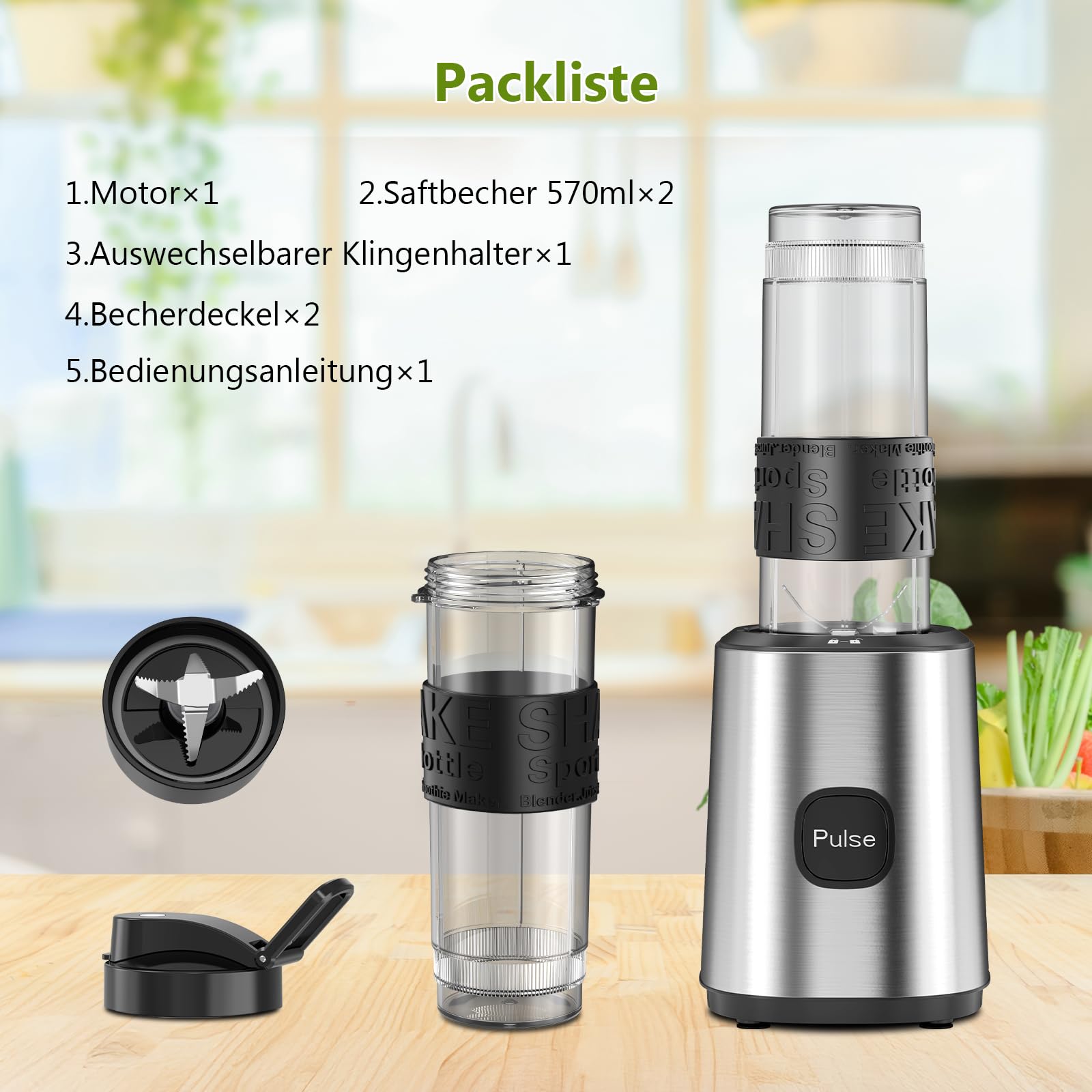 Mixer, Smoothie Maker, Standmixer, 500W Smoothie Mixer mit 2x570ml Smoothie Flaschen BPA frei Tritan,Tragbarer Blender Smoothie Maker aus Edelstahl 4-Klingen-System,für Jede Art von Shake und Smoothie