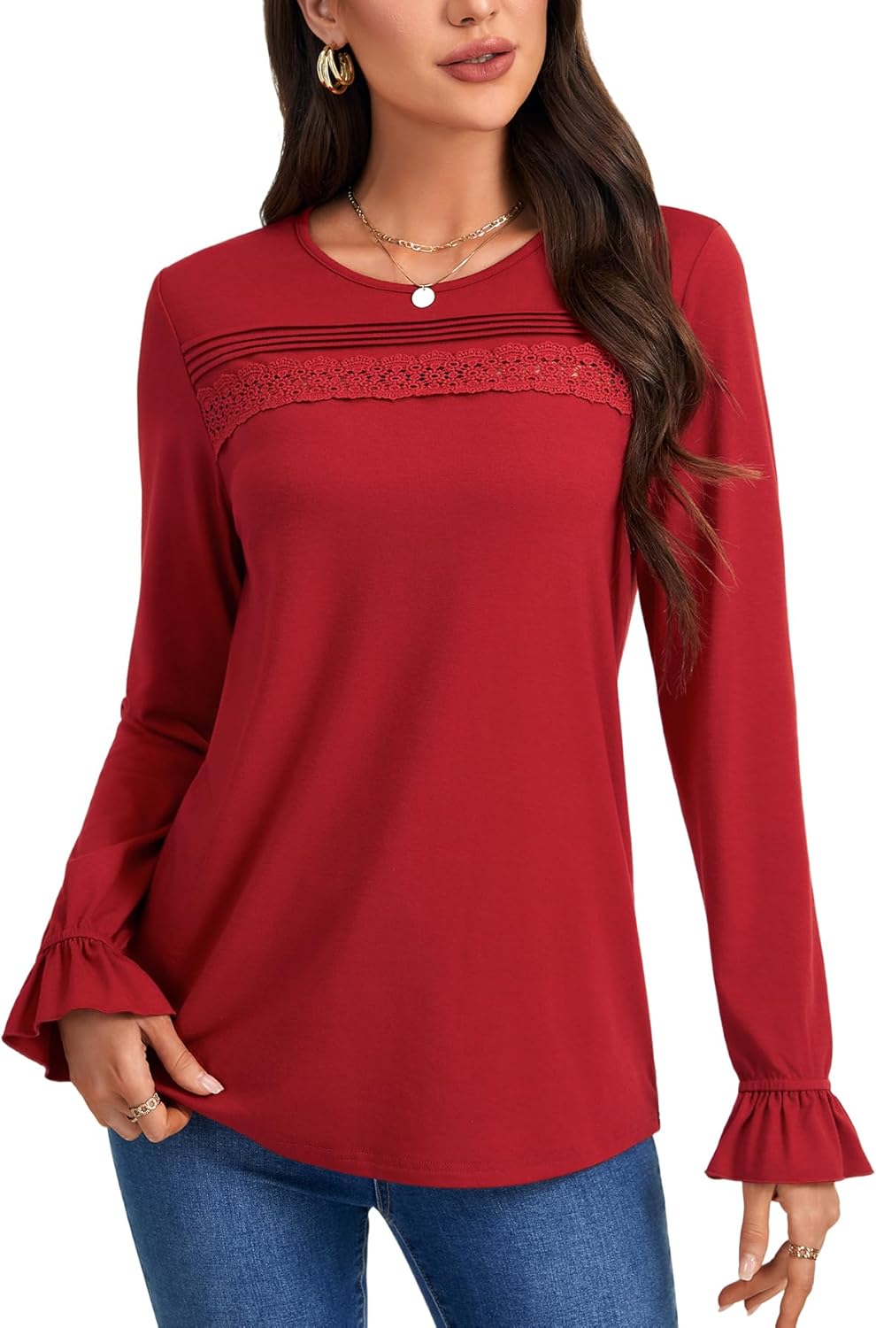 Rooscier Women's Lace Crochet Pleated Flounce Long Sleeve Crew Neck Dressy Casual Tunic Shirts - Image 3