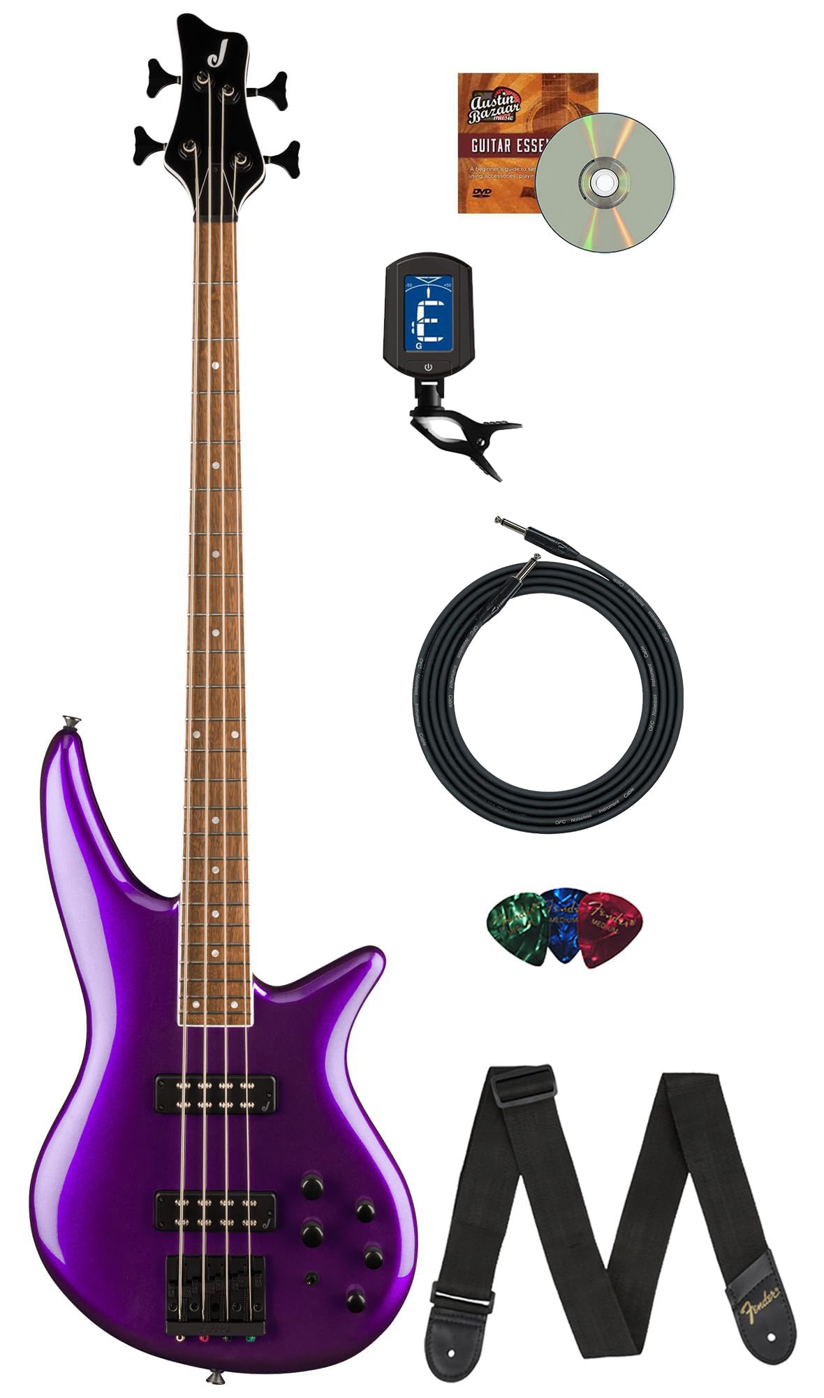 Jackson X Series Spectra Bass SBX IV Deep Purple Metallic Bundle with Cable, Tuner, Strap, Picks, and Austin Bazaar Guitar DVD