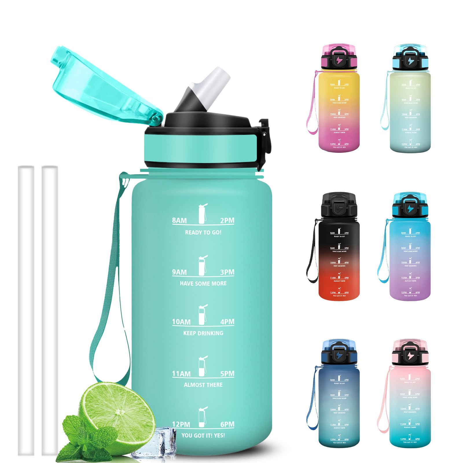 Grsta Borraccia 500ml, A Prova di Perdite Borraccia Bambino con Cannuccia, Facile da Pulire, Bottiglia Motivazionale, Borracce con Indicatore del Tempo per Sport, Scuola, Fitness