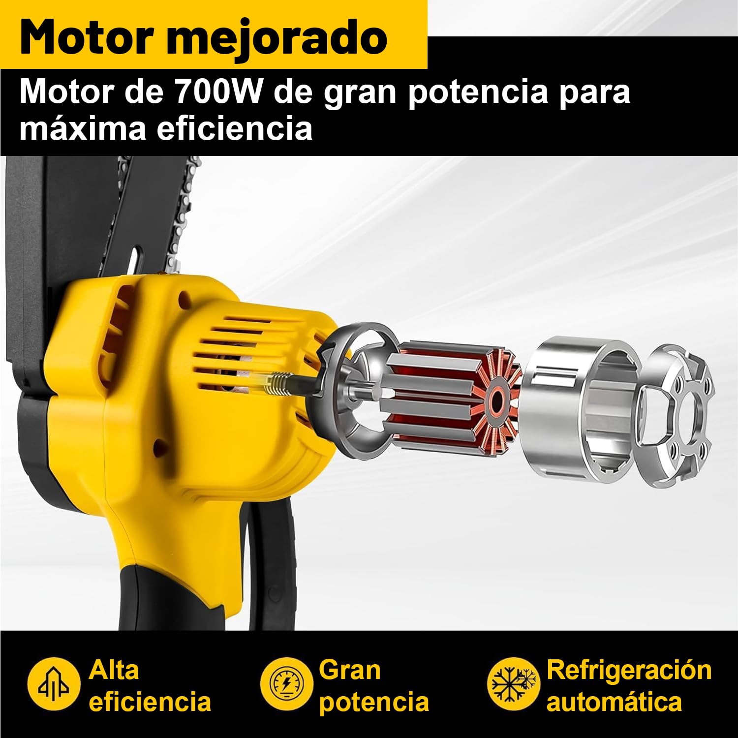 Mini Motosierra Bateria 6 Pulgadas Sin escobillas, Motosierra de Mano de 6 Pulgadas, 2 Baterías de 2Ah y Cargador, 2 Cadenas (amarillo 2000+2000mAh)