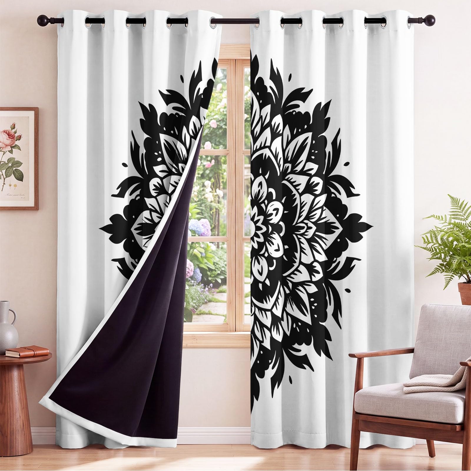 Lot de 2 Rideaux Opaques et occultants - Mandala Pétales Noir et Blanc Symétrique Rond Méditation Motif Zen Géométrique - pour Ferme, Salon, Chambre à Coucher - 132 x 214 CM cm