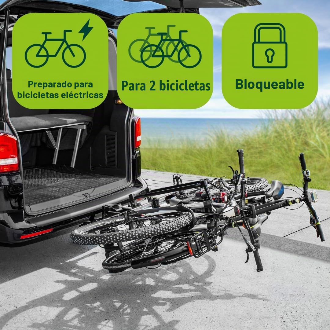 EUFAB Portabicicletas 11523 Premium 2 Plus, Apto para Grandes portones Traseros, Completamente premontado, antirrobo, 2 Bicicletas, Enganche de Remolque, Negro/Gris, (Ancho x Alto x Profundidad),