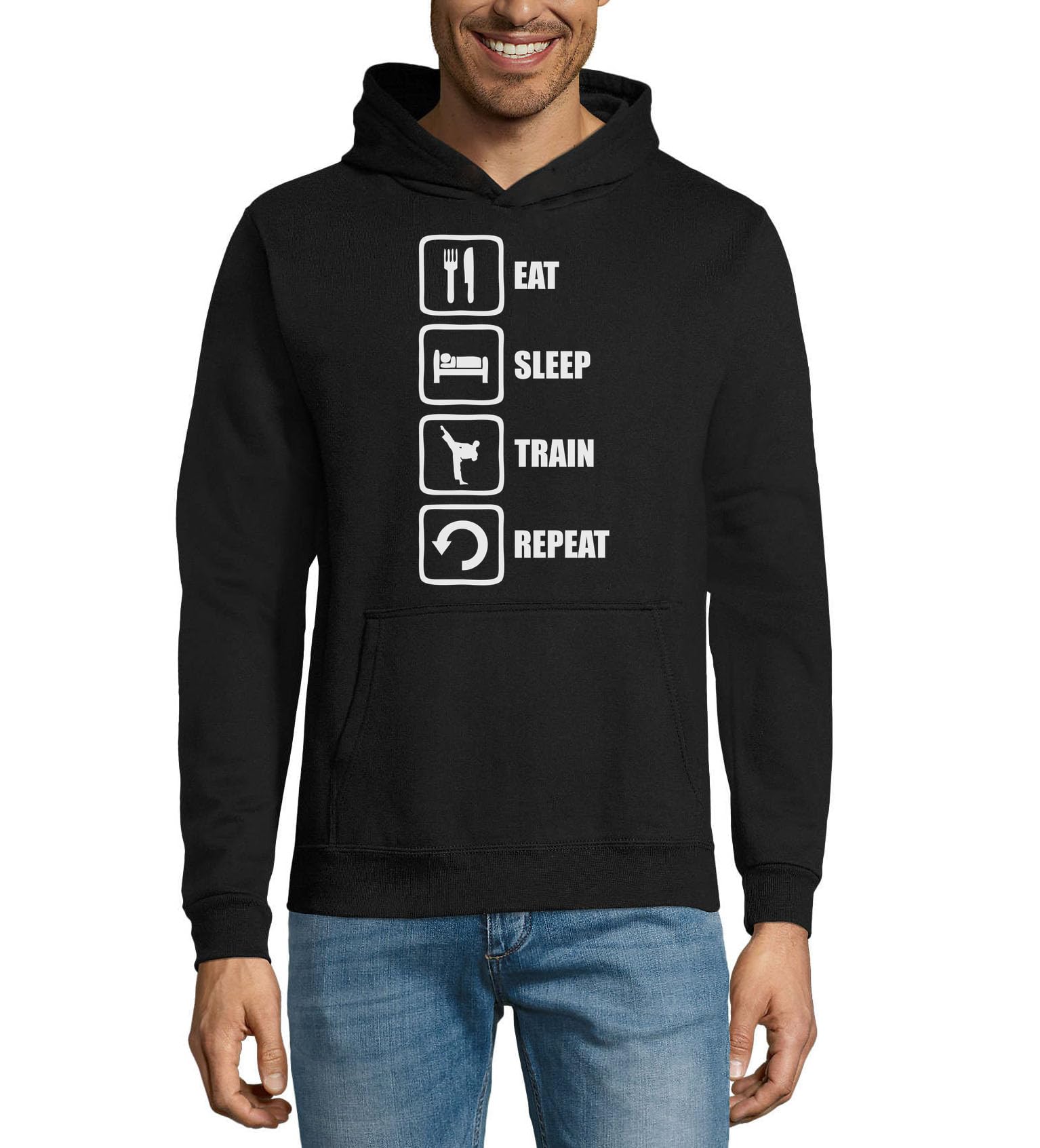 Felpa con cappuccio unisex in misto cotone con logo Eat Sleep Train Repeat nera
