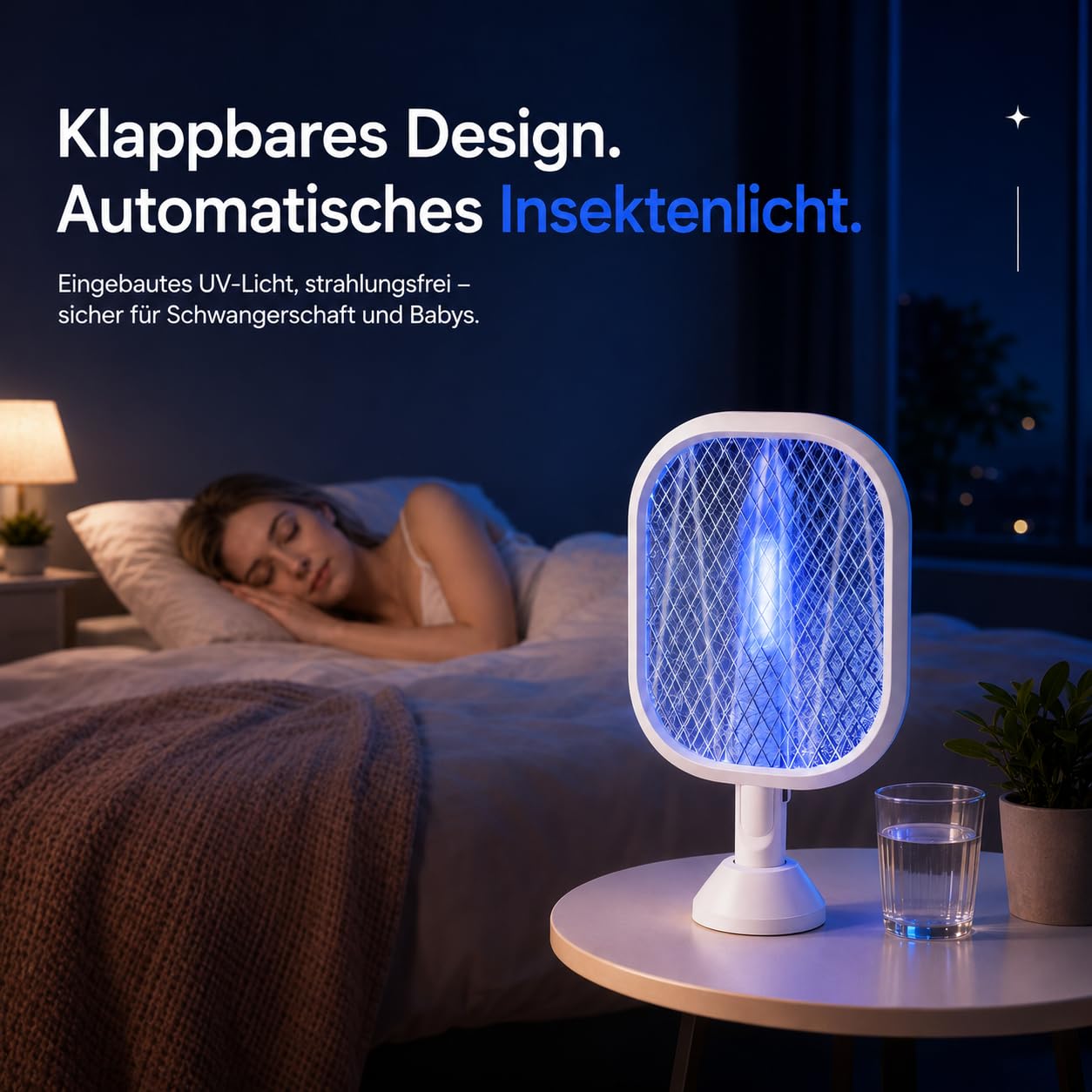 Elektrische Fliegenklatsche 5000V Extra Stark, Fliegenklatsche Elektrisch 2 in 1 mit UV-Licht, 2000mAh USB-C Akku Insektenvernichter, 180° klappbar mit 61–72 cm Teleskopgriff