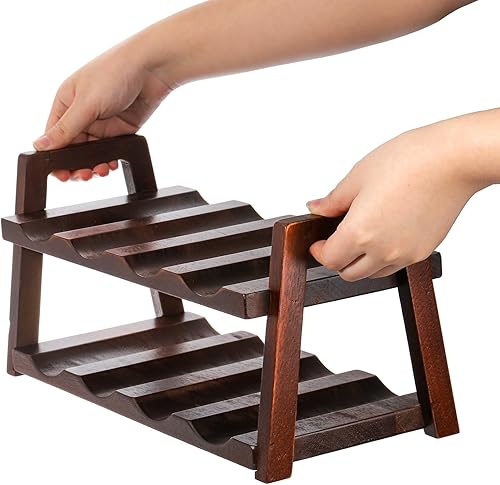 Miniatura 5 de Peohud Estante de vino para encimera, soporte de madera para vino de 8 botellas, 2 niveles, estante de almacenamiento de vino para el hogar, cocina,