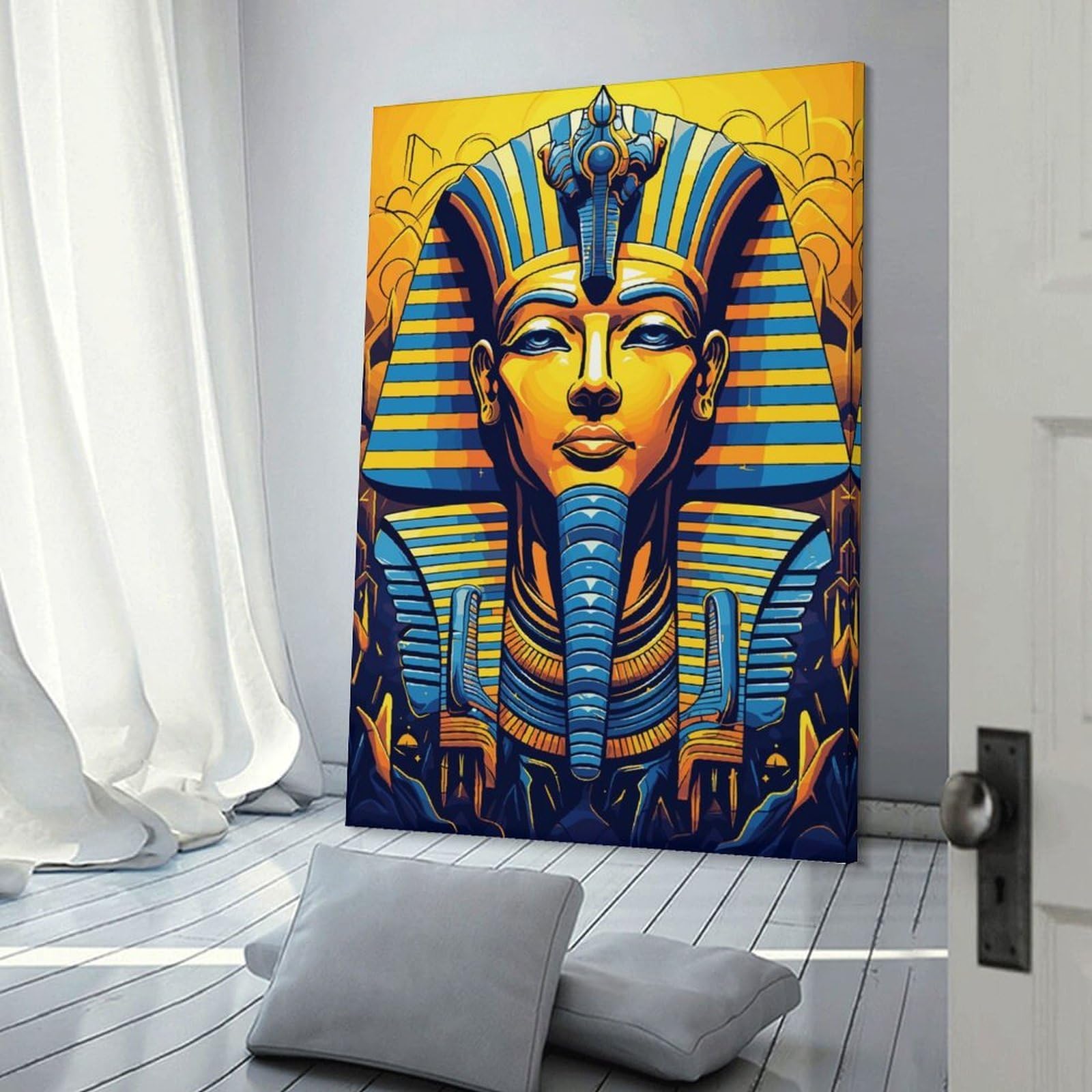 Junmoney Frame-Style-22 Golden Egyptian Pharaoh Mask Room Decor Wall Art, 24X36inch(60X90cm), For Living Room, Bedroom, Office Or Hallway, Decorative Artwork With Broad Appeal