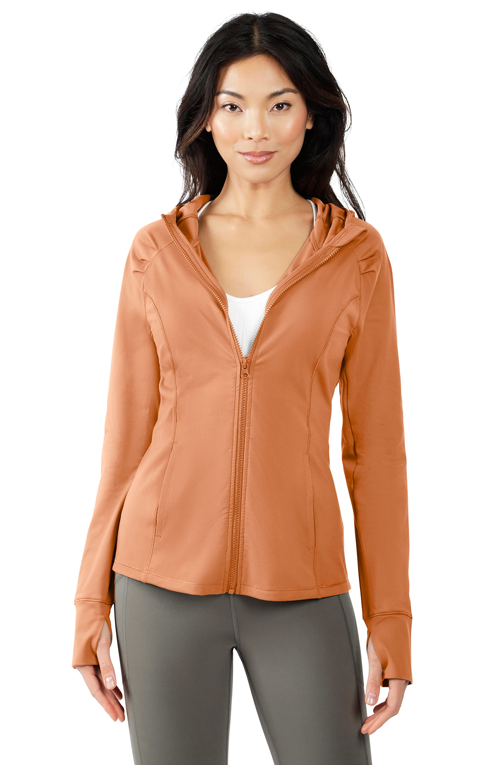 Yogalicious Full-Zip Lightweight Hooded Running Workout Yoga Lux Jacket with Pockets, Amber Brown, L