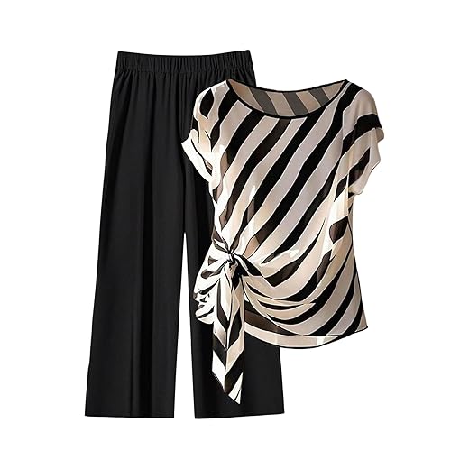SweatyRocks Women's Plus Size 2 Piece Outfits Striped Cap Sleeve Top and Straight Leg Pants Matching Set