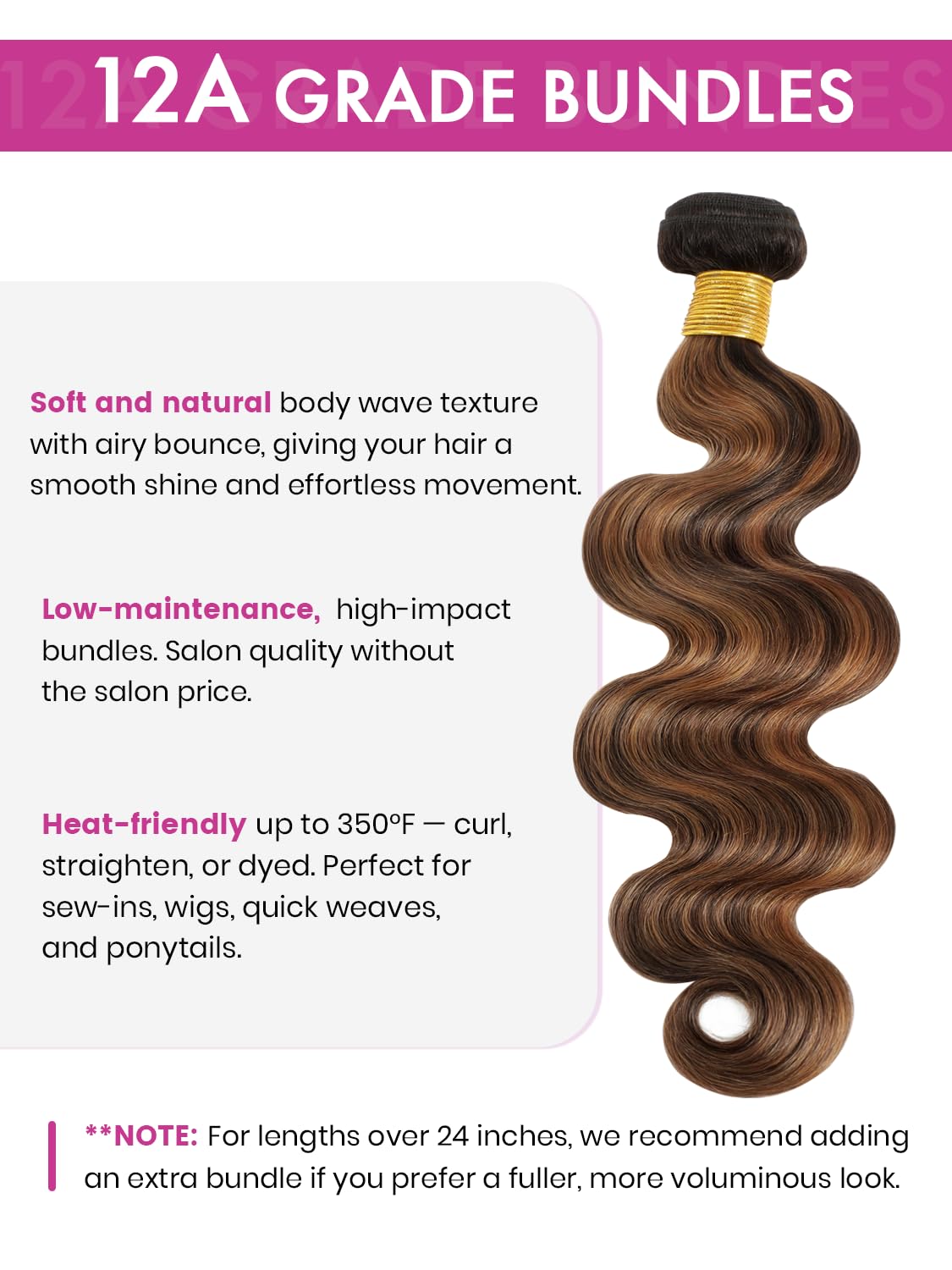 Highlight F1B/30 Body Wave Human Hair Bundle 24 Inch, Single Wavy Black and Brown Highlight 12A Unprocessed Remy Hair, Thick and Bouncy Balayage Honey Blonde Colored