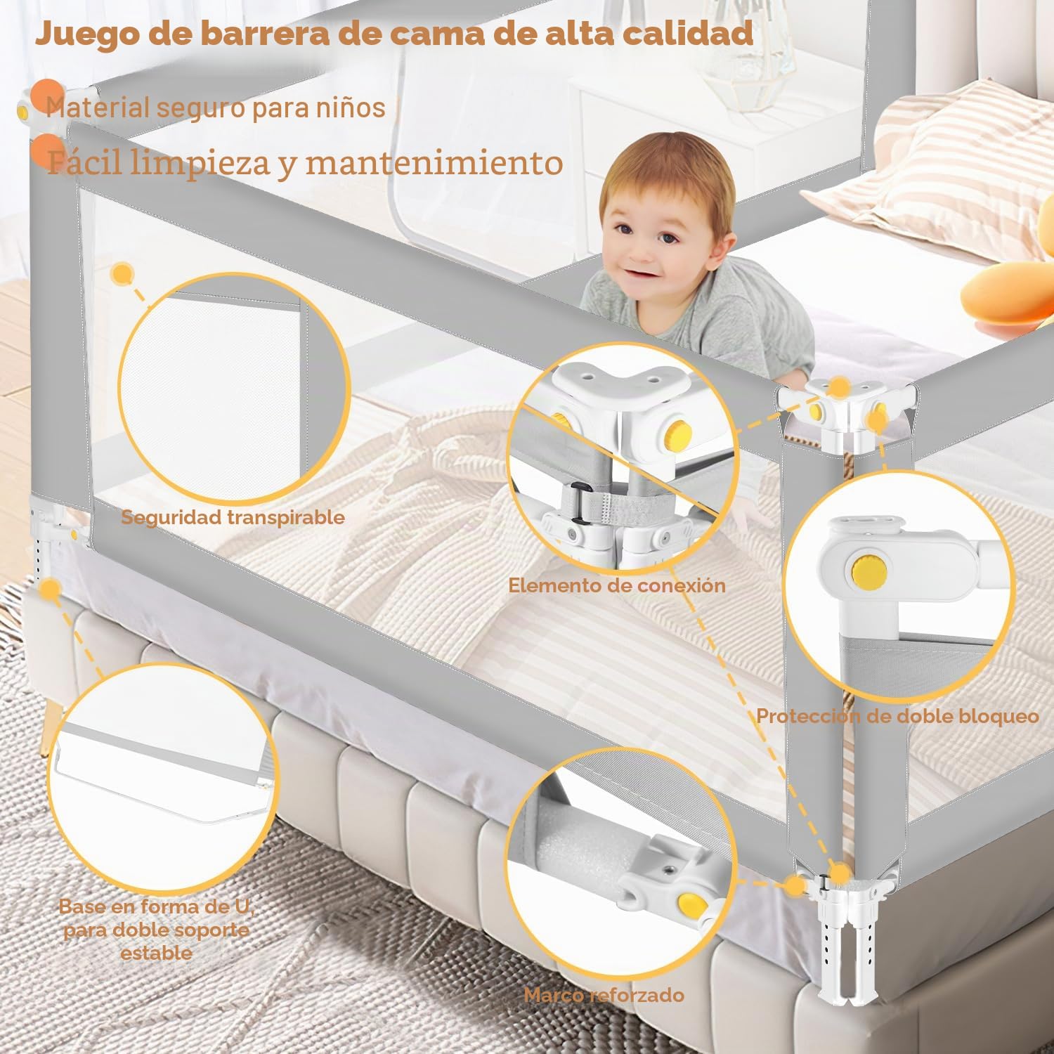 Ikodm Barrera de cama 150 cm x 1 + 200 cm x 1, barrera de cama plegable con base en forma de U, barrera de protección para cama infantil, altura regulable 68 – 95 cm para niños y padres