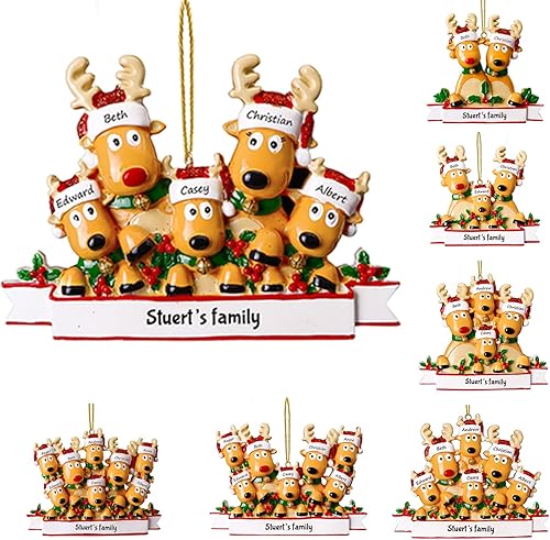 Adornos de Navidad personalizados de ciervo, familia de 2, 3, 4, 5, 6, 7, 8  Adorno de Navidad personalizable con nombre de reno, texto para árbol