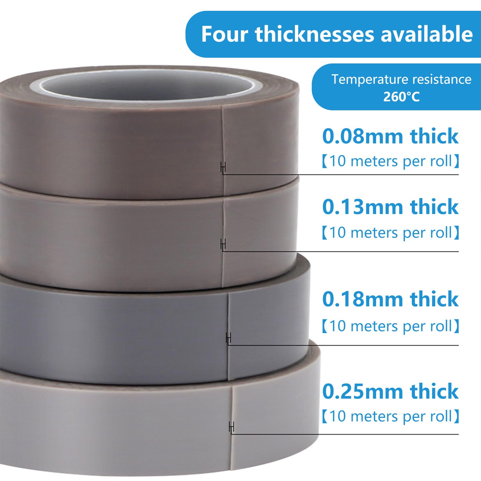 Cinta de tela de teflón, Cinta de PTFE 250 mm x 10 m 0,08-0,25 mm 260 °C(Thick0.08mm)