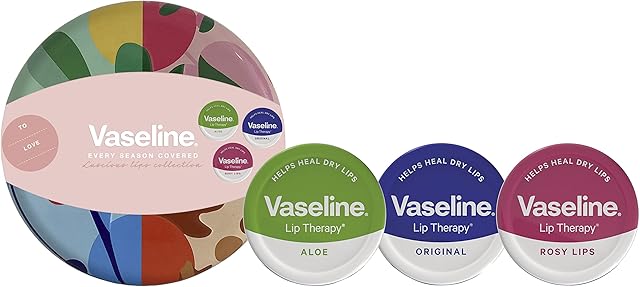 Vaseline Luscious Lips Collection including Original, Rosy lips and Aloe Vera lip balm tins, perfect gift set for her