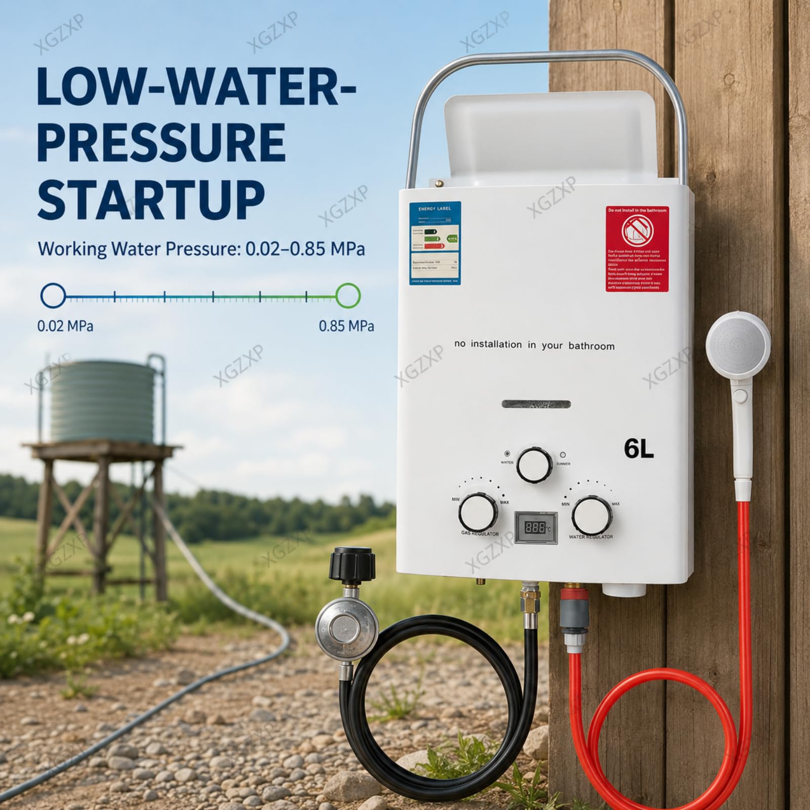 Calentador de agua portátil sin tanque, calentador de agua sin tanque, propano con cabezal de ducha, kit de 6 l/1.58 gpm, calentador de agua caliente instantáneo para uso al aire libre, para camping