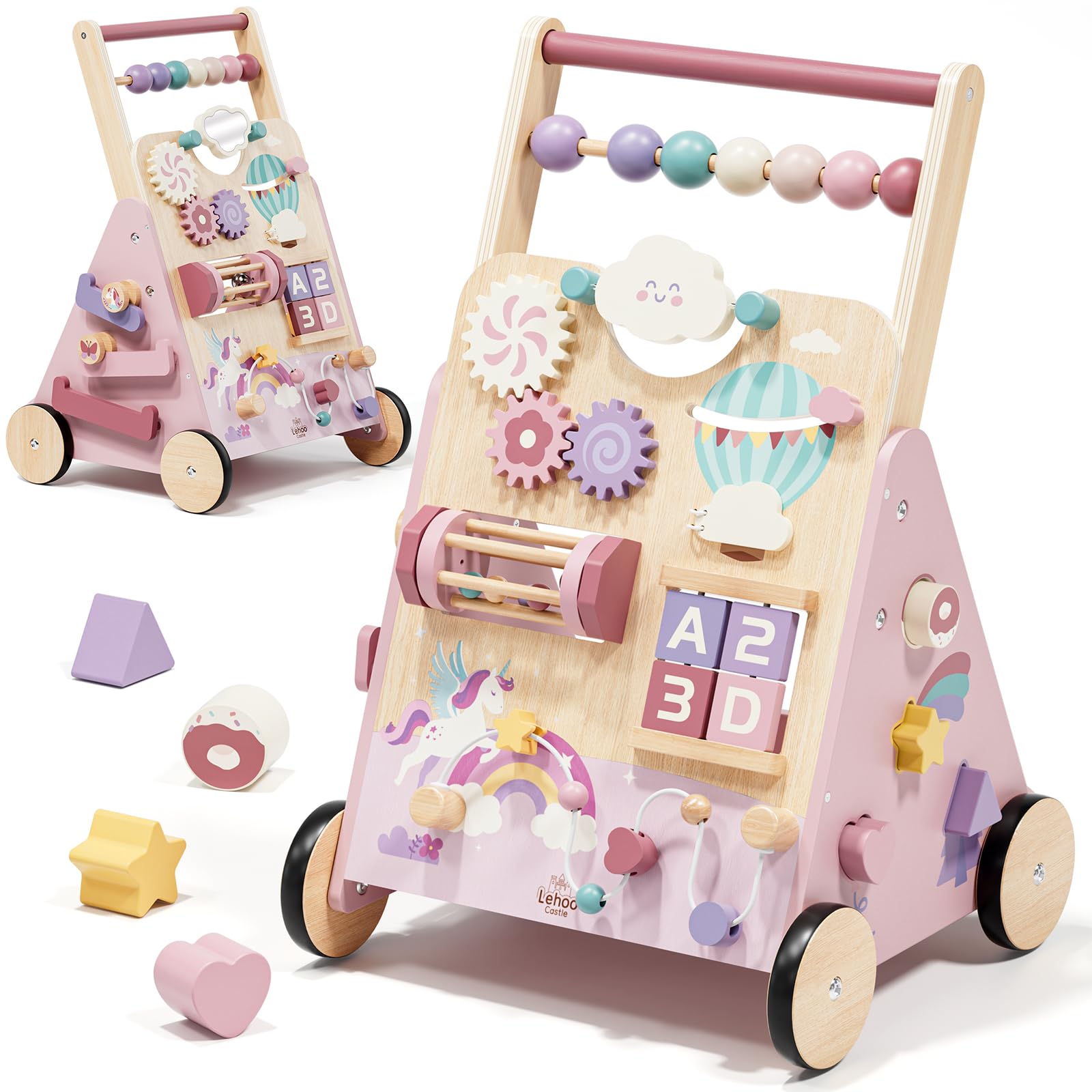 Lehoo Castle Wooden Baby Walker, Push Along Walker Baby Toddler Toys for 1 2 Year Old, Montessori Sensory Gifts for Boys Girls Age 12 Months+, Pink