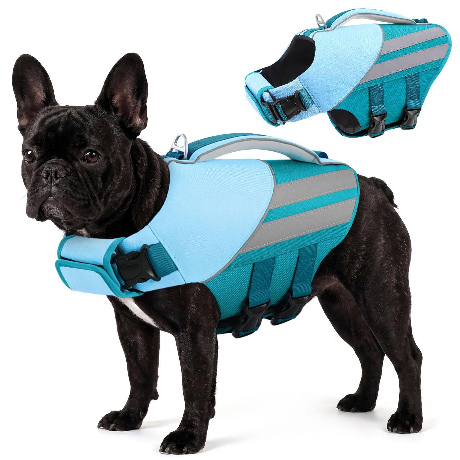 Queenmore Dog Life Jacket Lightweight &Reflective Buoyancy Aid for large dogs Adjustable Pet Float Jacket fo Pitbull, Bulldog,Dachshund, Sausage Dog Corgi (Teal, L)