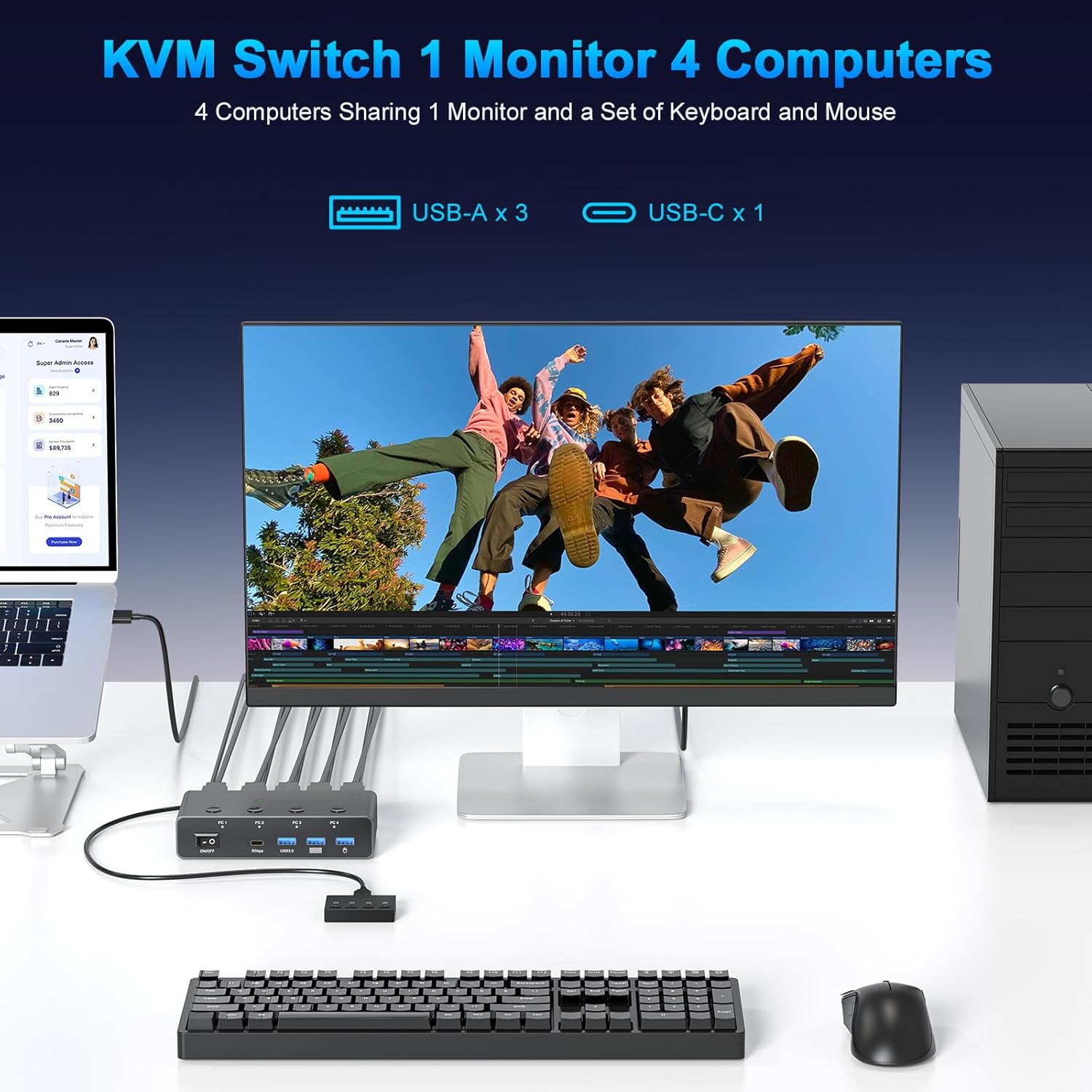 5G USB3.0 HDMI KVM Switch 4 Computers Share 1 Monitor, KVM Switches 4 Port with 3 USB 3.0 and 1 USB C Ports Share Monitor Keyboard Mouse Printer, with EDID Adaptive,4 USB Cable Plug and Play