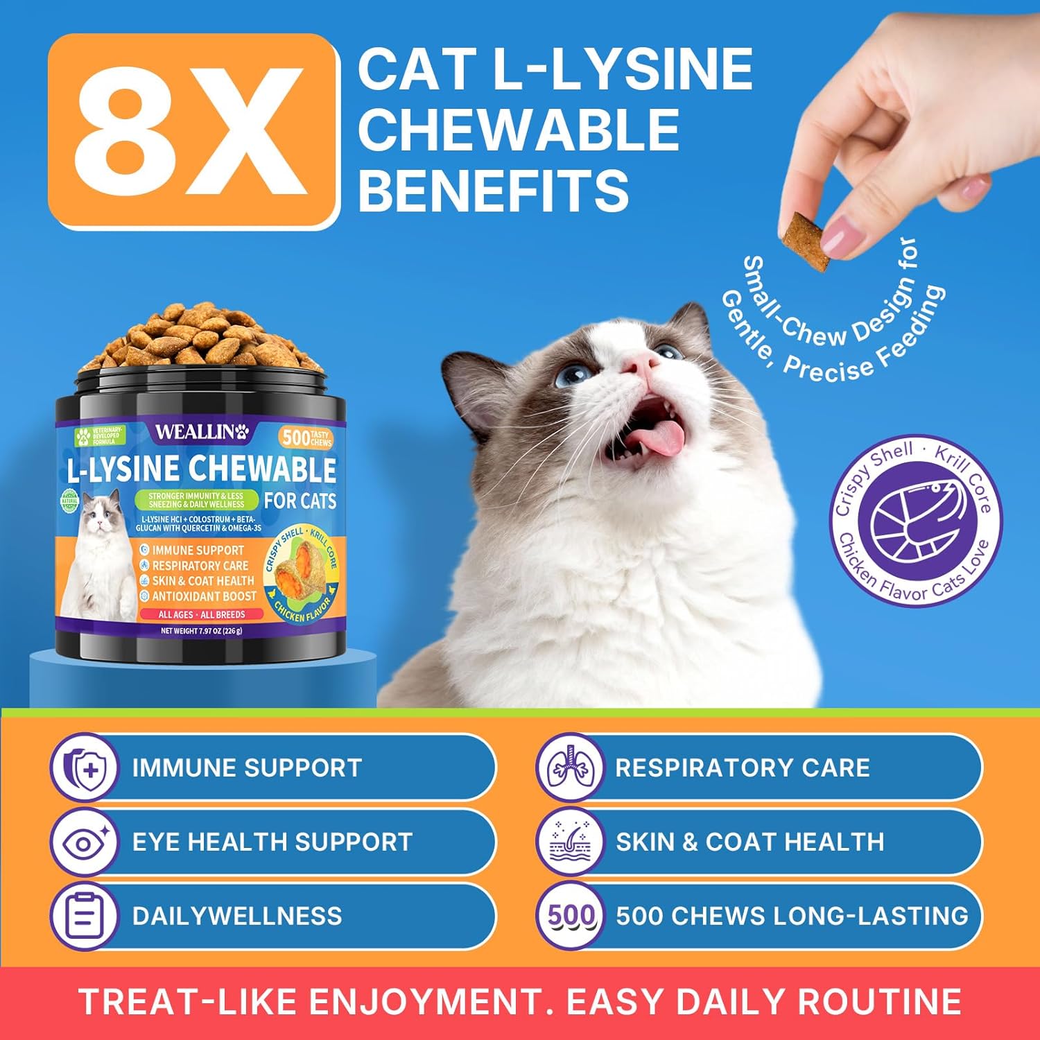 L-Lysine Chews for Cats + Dog Probiotics Chews Bundle – Immune & Respiratory Support for Cats & Digestive and Gut Health Support for Dogs, Crunchy Shell with Krill Core, Chicken Flavor