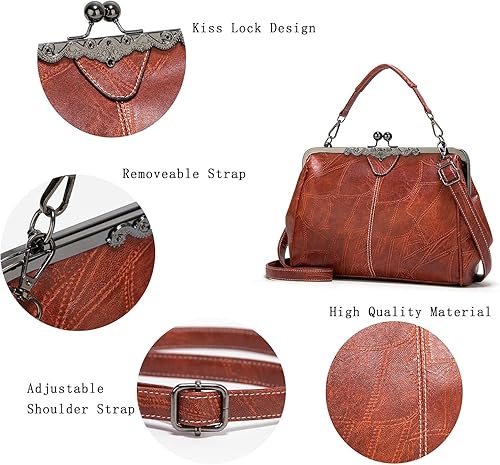 Miniatura 5 de Bolsos vintage para mujer Kiss Lock para mujer, cuero aceitado, bolso de mano