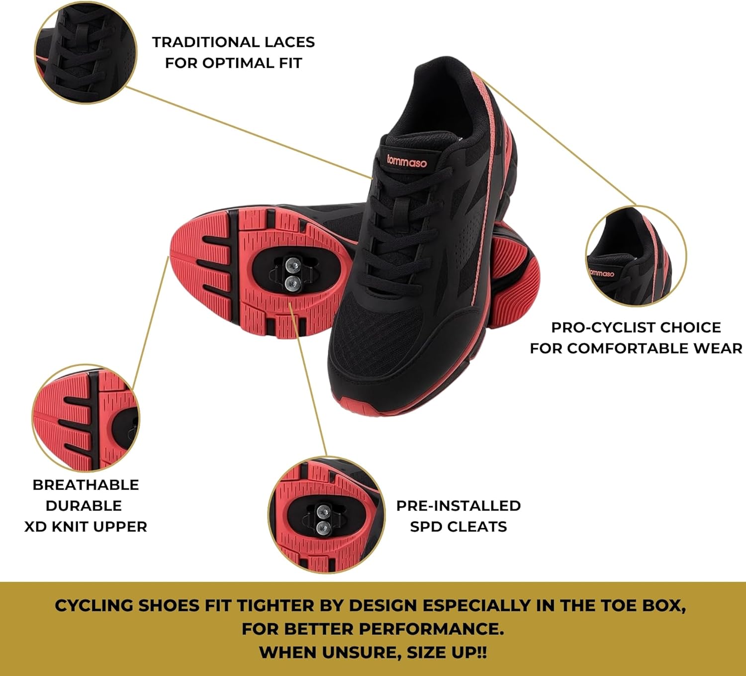 Tommaso Women's Cycling Shoes with Pre-Installed SPD Cleats — Easy to Walk-in Ventilated SPD Cycling Shoes for Women's Spin Classes and Indoor Bikes — Comfortable on Foot and Toebox.