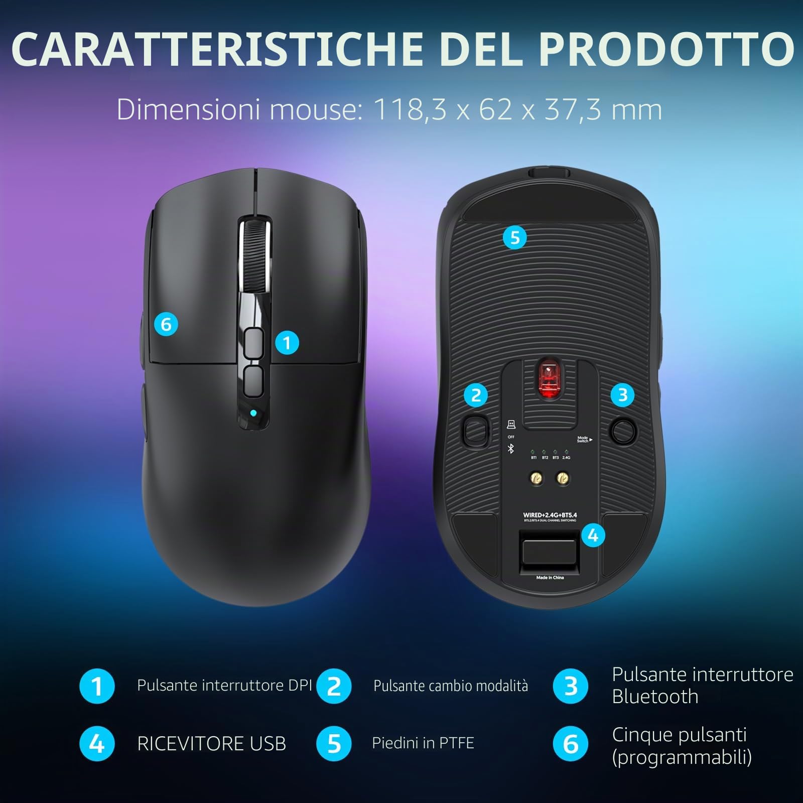 VGN GAMEPOWER ATTACK SHARK X6 SUPERLIGHT Mouse Gaming Wireless con Station di Carica, 49g Ultraleggero eSport Mouse da Gioco G502, 26000DPI, Sensore PixArt PAW3395, 2.4G/Bluetooth/Cablato, Nero