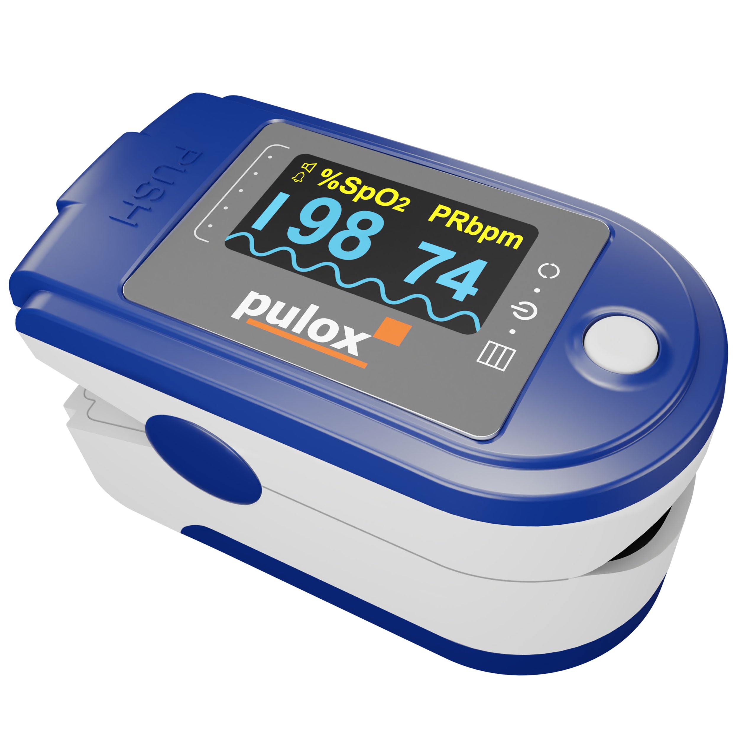 Pulossimetro Pulox PO-250 - Saturimetro da dito per misurare SpO2 e polso, funzione di allarme e registrazione e accessori