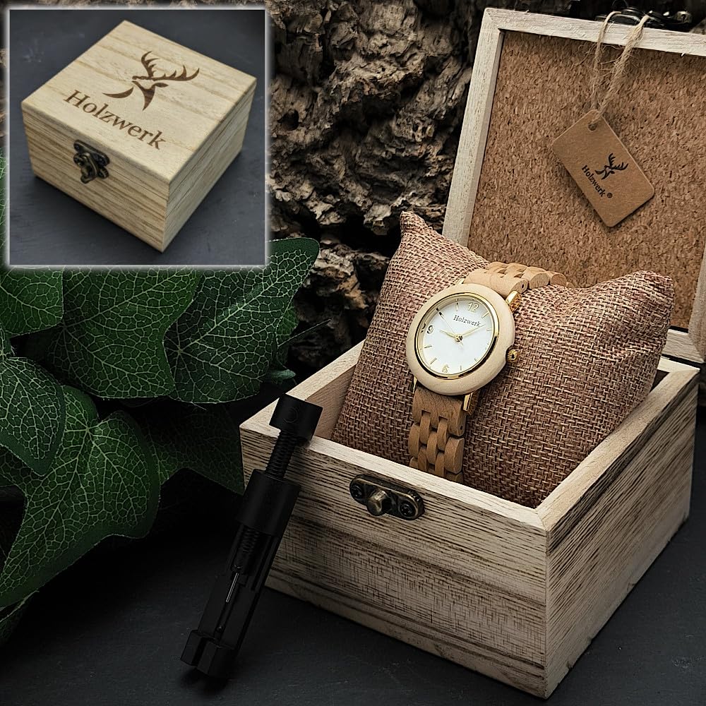 Holzwerk Germany Handgefertigte Designer Damen Uhr Öko Natur Holzuhr Braun Gold Rot Holz Armband Analog Klassisch Quarz