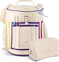 Hearth & Harbor Canvas Crochet Bag Organizer - Holds 24 Yarn Skeins, 13 Pockets, Tangle-Free Holes & USB Port for Crafters
