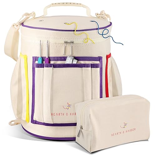 Hearth & Harbor Crochet Bag Organizer – Durable Knitting Bag, Yarn Organizer for Crochet Accessories and Supplies, Canvas Yarn Bag, Crochet Organizer with Accessories Case, Yarn Storage Organizer
