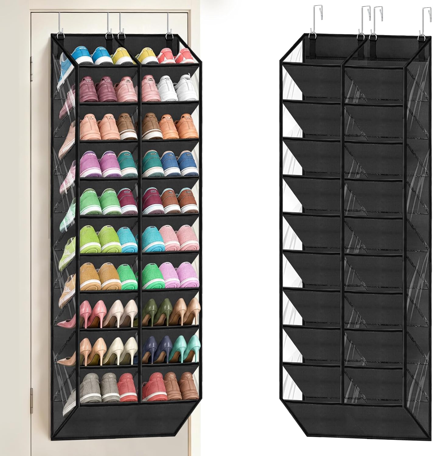 Over the Door Shoe Organizerfor 20-30 Pairs, 10-Tier, Black | Breathable mesh and reinforced ,Nylon fabric material, Compact, Large capacity-30 pair of shoes, Lightweight, Visualization