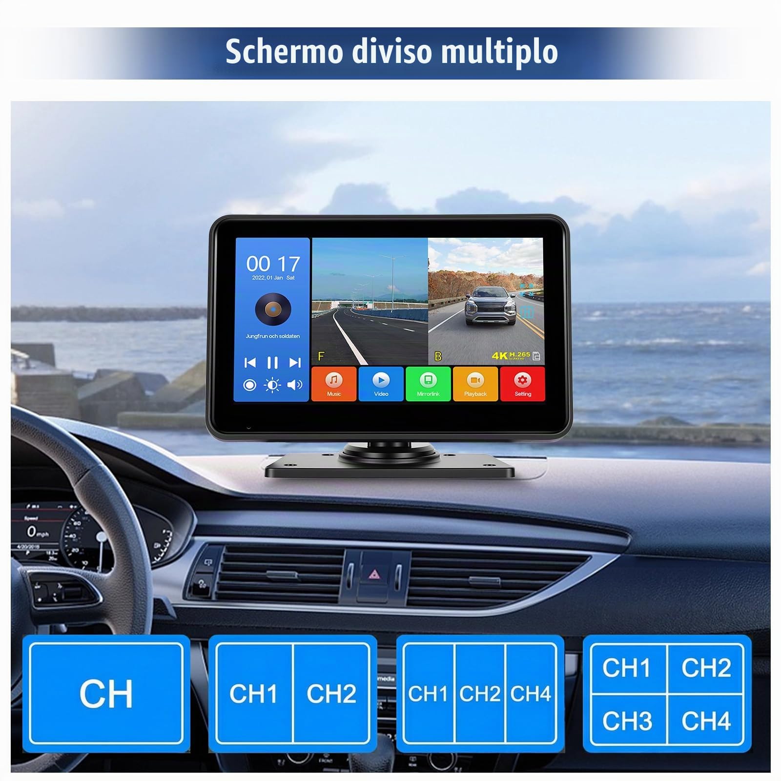 Telecamera Posteriore Set di 2 Telecamere Cablate, Monitor IPS HD da 7 Pollici 4K DVR con Android Cast, Impermeabile IP68, Registrazione, Monitoraggio del Parcheggio, Linee di parcheggio