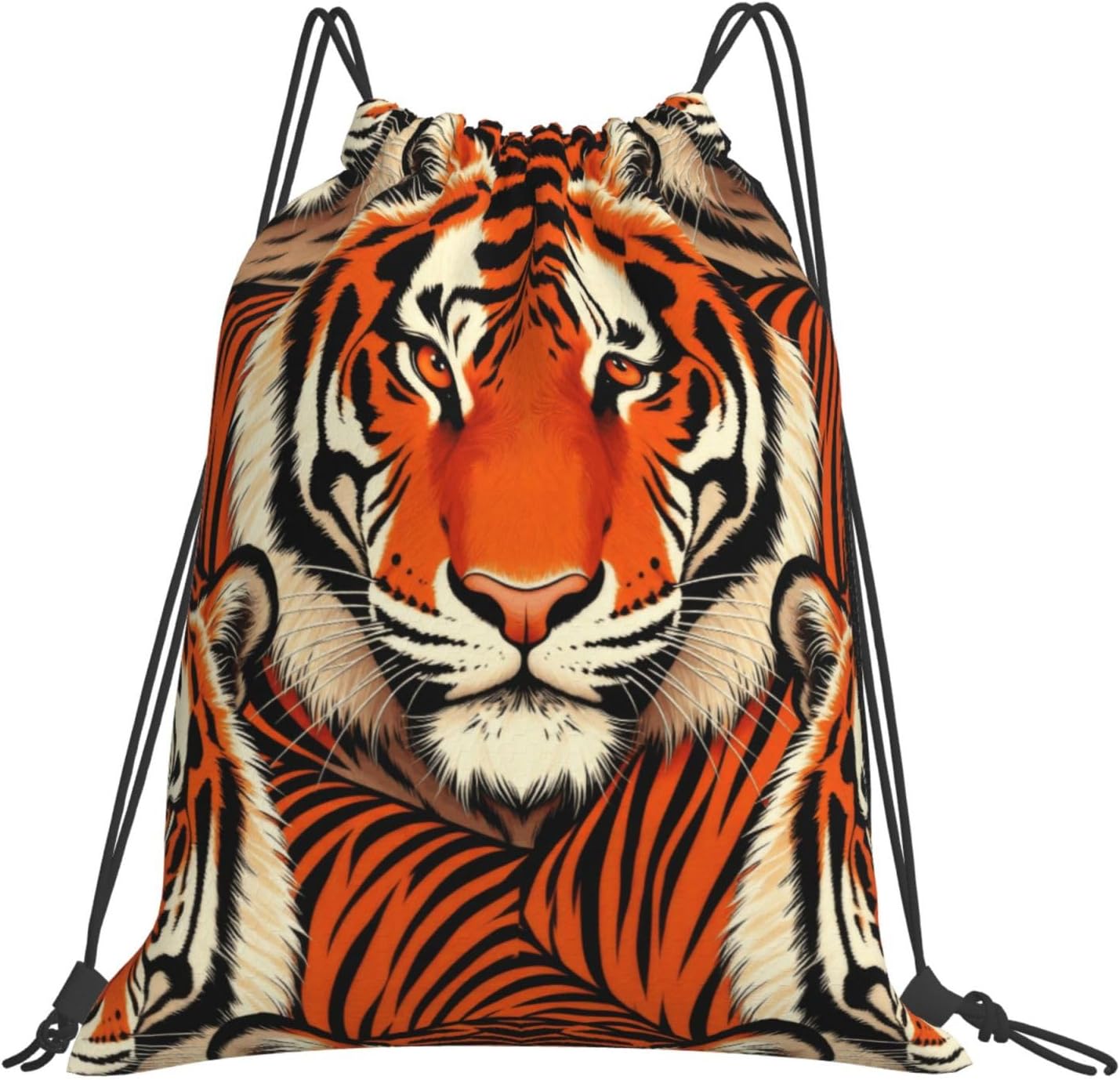 Adults Classic Orange Black Tiger Stripe Fur Seamless Apparel Pattern Drawstring Backpack, Gym Cinch Sport Bag Waterproof Poly With Thick Straps For Gym & Commuting Fitness, Fitness Cinchpack