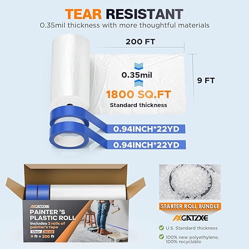 Miniatura 3 de Paños de plástico, película de plástico de pintor de 200 pies de largo x 9 pies de ancho con 2 rollos de cinta de pintor, láminas desechables para