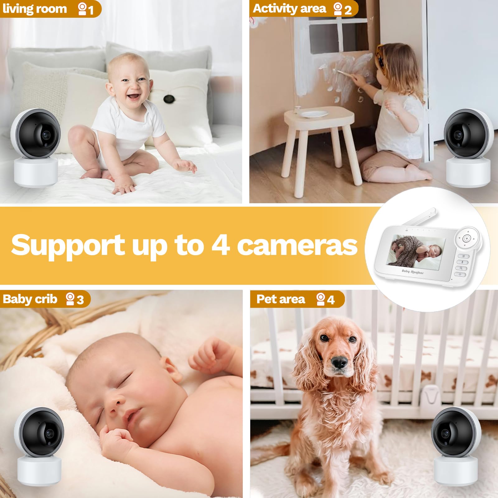 Monitor de video para bebé con cámara, detección de llanto, sensor de temperatura, visión nocturna, pantalla de 4.3 pulgadas, 10 canciones de cuna, alerta de alimentación de bebé, zoom digital