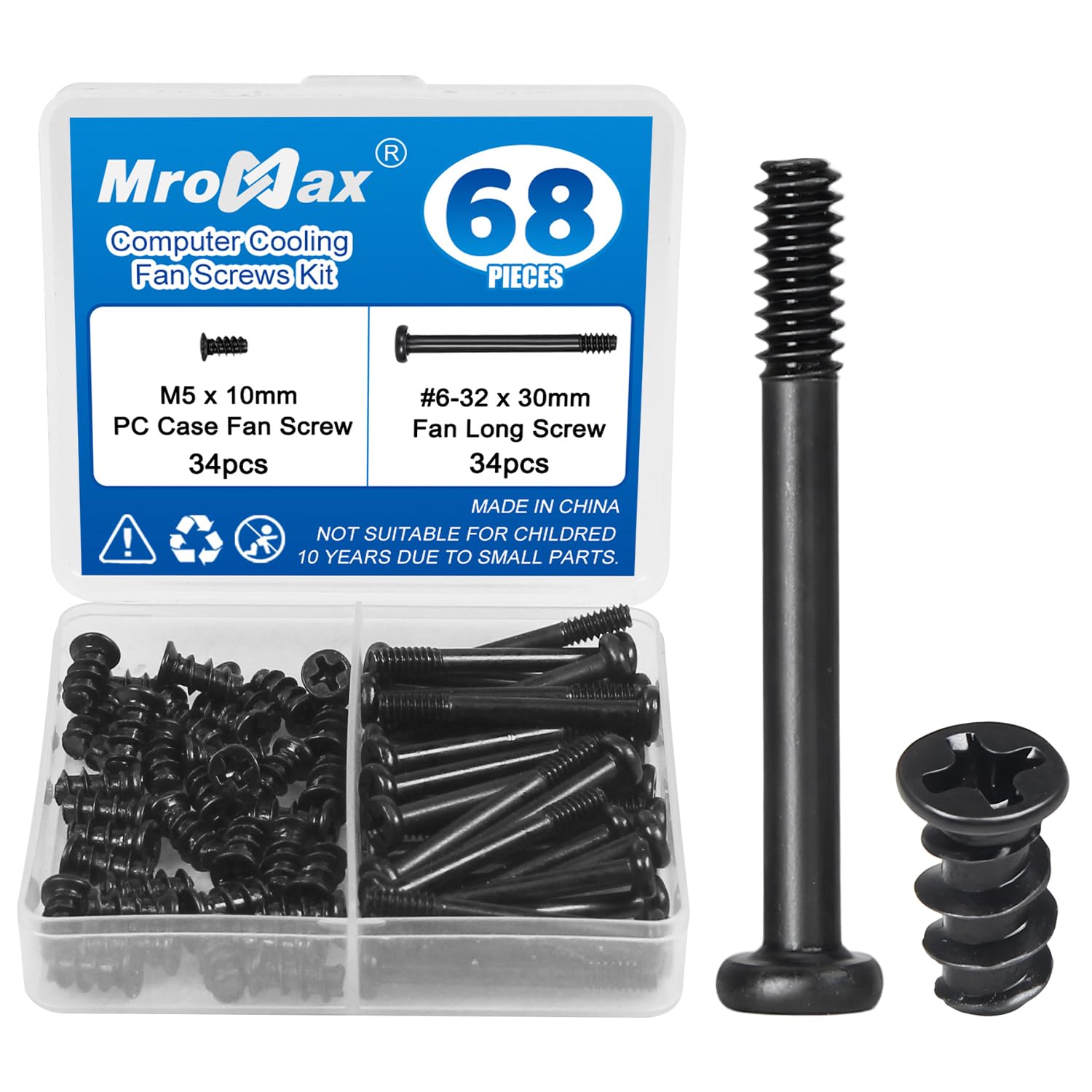 34 Sets (68Pcs) Computer Cooling Fan Screws Kit, #6-32 x 30mm Fan Screw + M5 x 10mm PC Case Fan Screws, Black Radiator Fan Screws for 60mm 80mm 90mm 92mm 120mm 140mm 240mm 360mm-image-6
