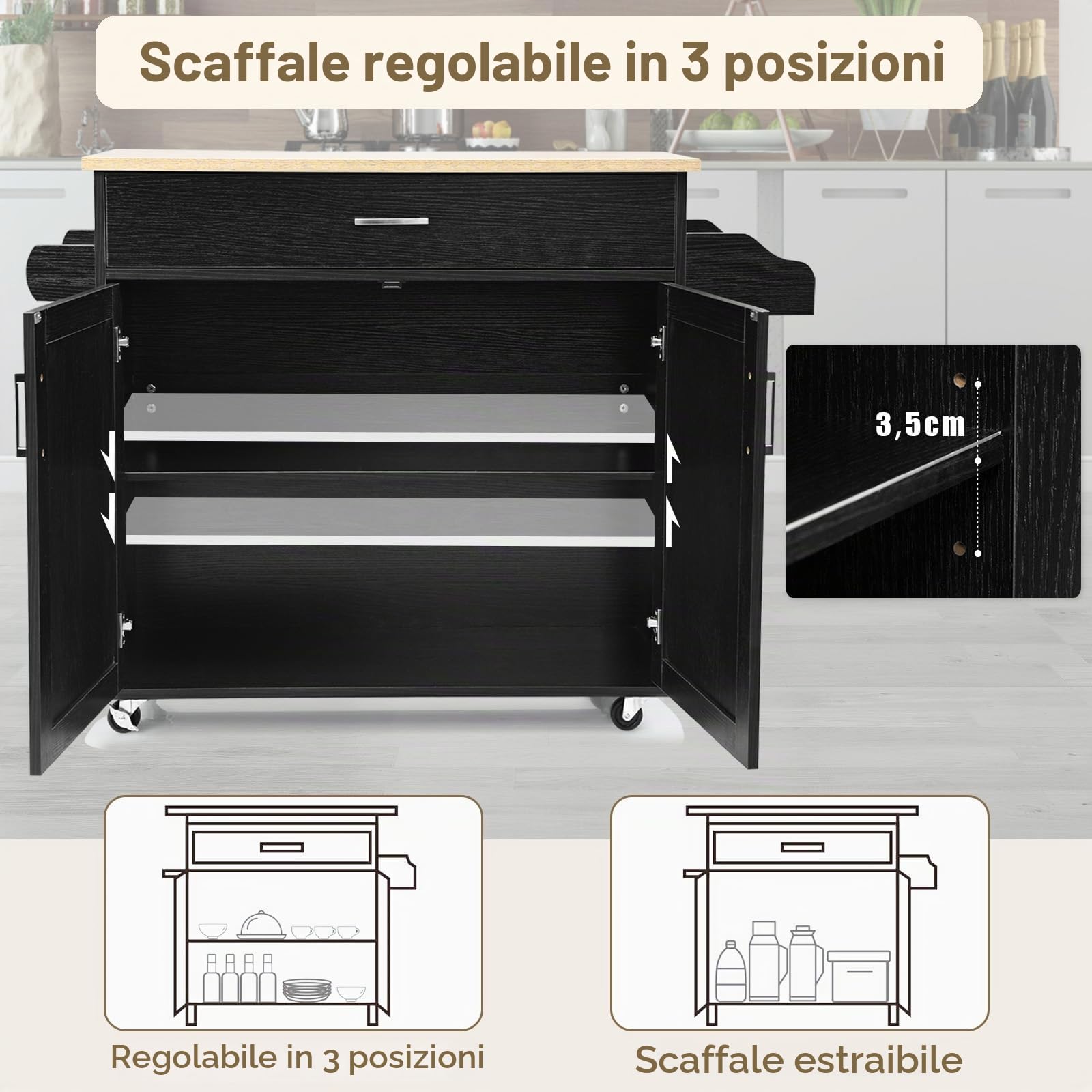 SOARS Carrello da Cucina con Ruote di Gomma, Isola Cucina con Cassetto e Ripiano Regolabile, Mobile Credenza Salvaspazio Porta Microonde, Portaspezie, Portasciugamani, 116 x 40 x 85 cm (Nero)